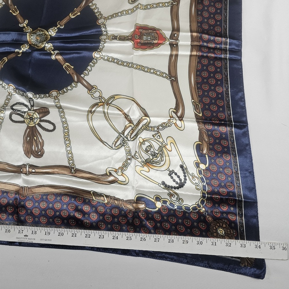 Equestrian Scarf Horse Tack Chain Print Navy Cream Gold 34 X‎ 34 - Picture 4 of 4